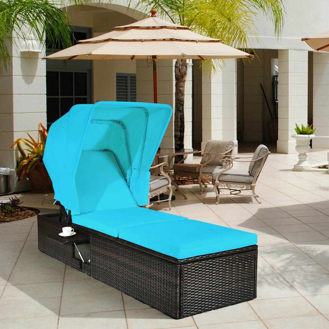 Turquoise Outdoor Wicker Chaise Cushioned Lounge with 5-Position Adjustable Backrest and Canopy
